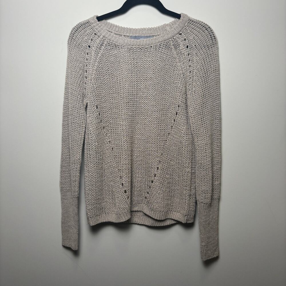 360 Sweater Taupe Beige Open Knit Linen Blend Raglan Crewneck Pullover Womens M